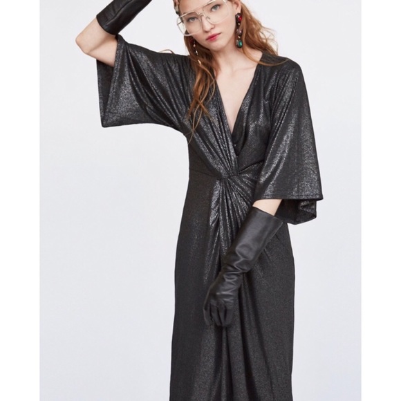 Zara Front Knot Twist Midi Metallic Black Dress - Picture 2 of 10